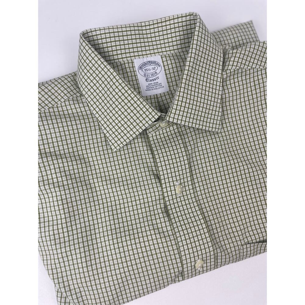 Brooks Brothers 1818 Dress Shirt Men S 15 1/2-32 Green Geometric Supima Cotton